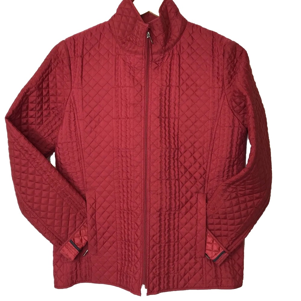 E Studio Quilted Jacket Womens Size L Zip Front Red Long Sleeve Pockets Holiday